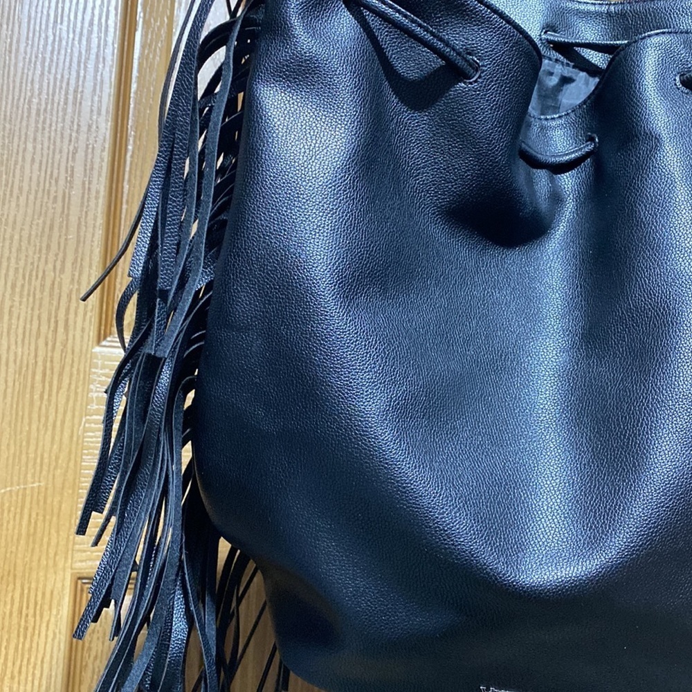Victoria's Secret Black Fringe Tassel Backpack Drawstring Purse New​​​ - Picture 3 of 7